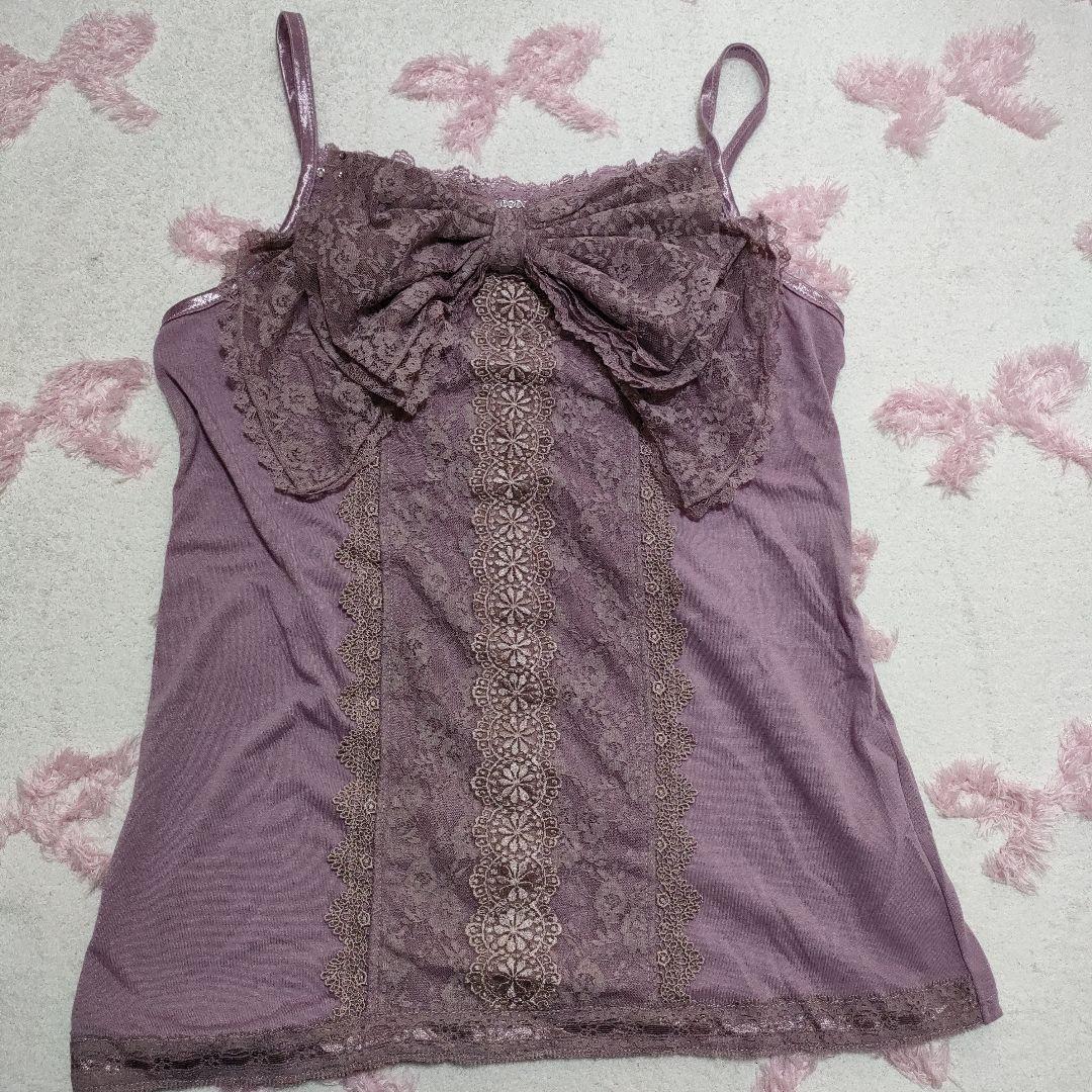 パープル ビッグリボン付きキャミソール レース