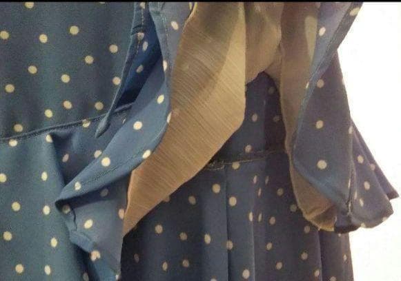 色注意：ハンドメイド スモーキーブルーに 白のドット 使い回しの効く ツーピース