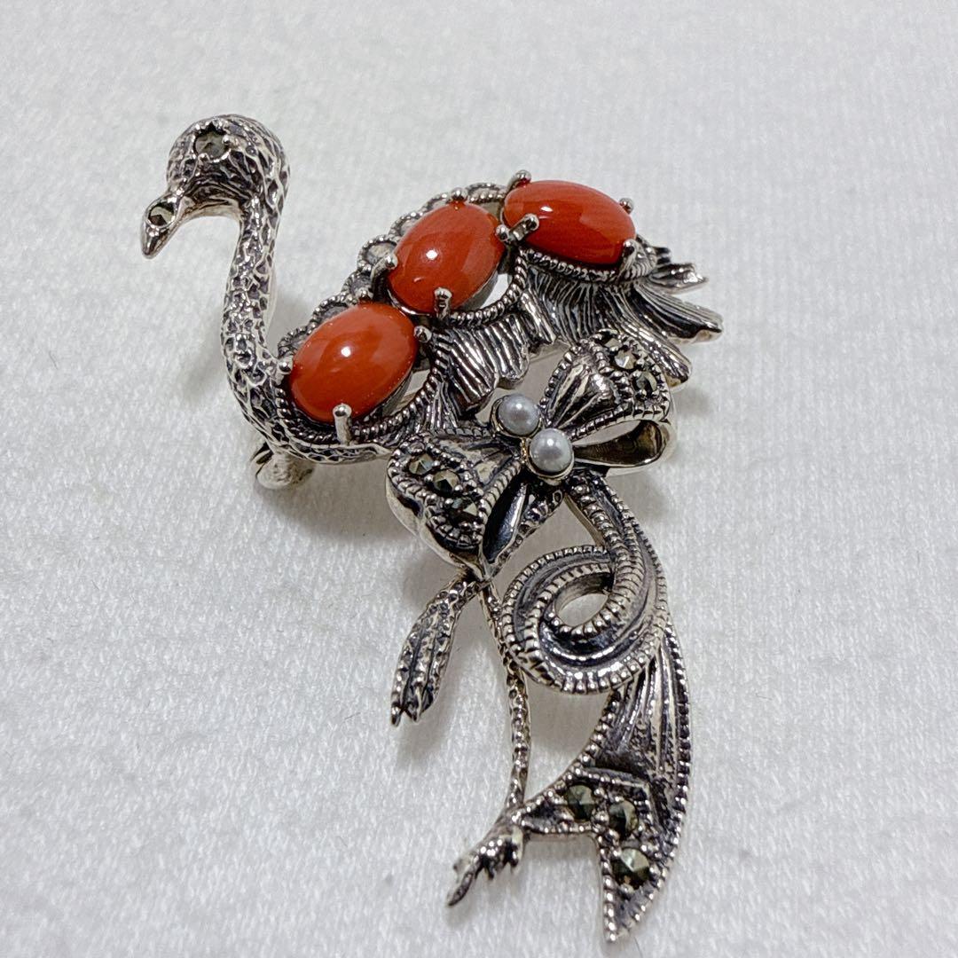 碌山 ロクザン SILVER925 珊瑚 コーラル フラミンゴ ブローチ