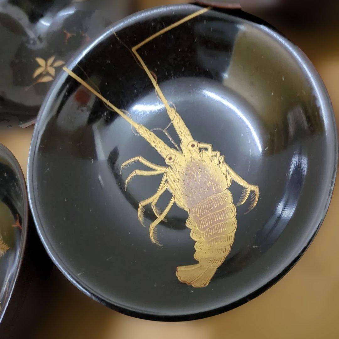 骨董　蓋付き椀　お椀　大振り　蒔絵　海老　若松　南天　木製　漆器　5つ〜