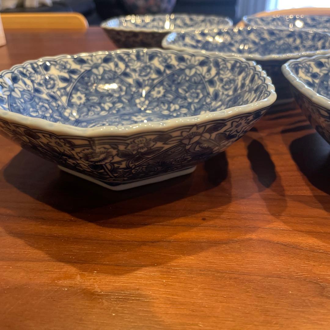 有田焼　龍峰窯　染付更紗　中鉢揃え