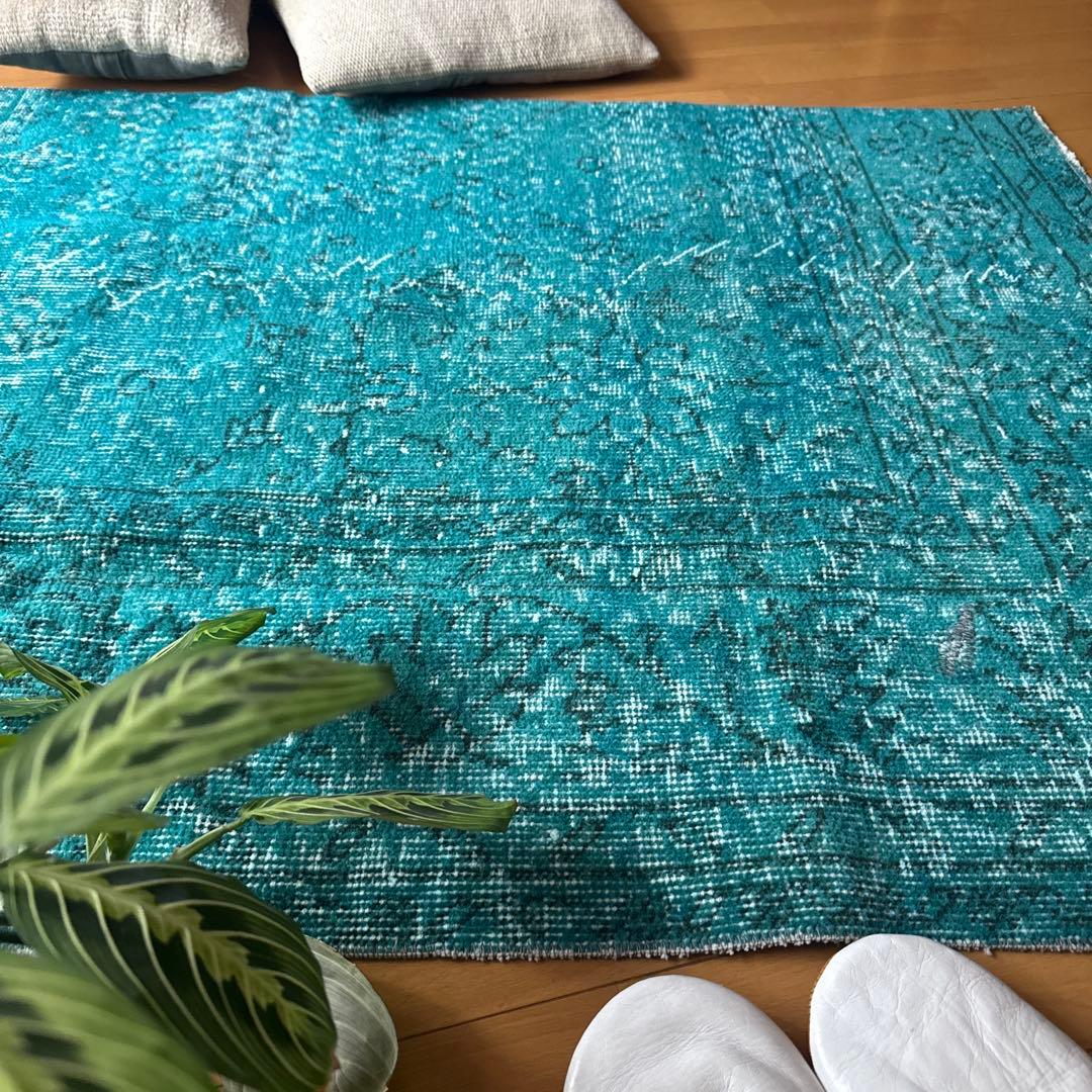 84×152ブルーグリーン　ボタニカルオーバーダイ　トルコヴィンテージラグ