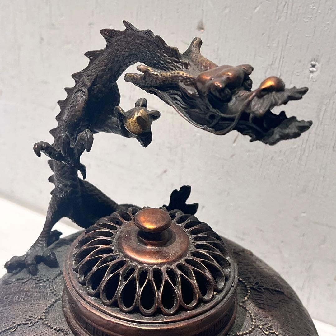 希少 銅製 細密彫刻 龍提手三足香炉 香炉 香道具 骨董品 インテリア 工芸品