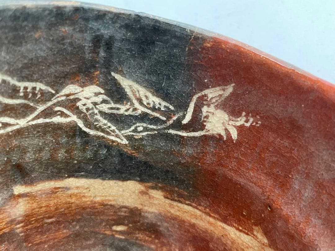 陶芸家　十二代　樂吉左衛門　弘入　鶴之画　赤筒茶碗　十五代識箱　共箱　赤楽茶碗