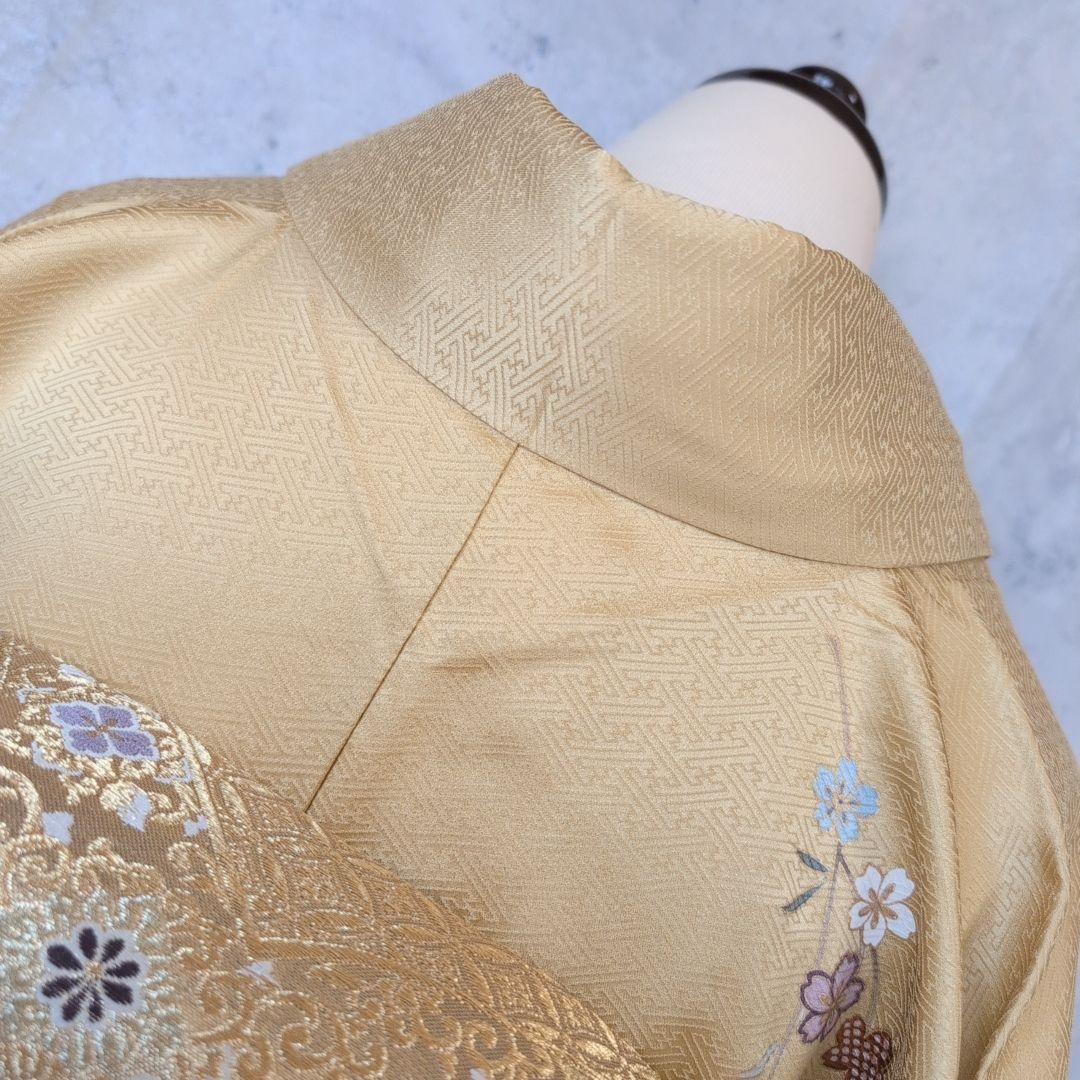 訪問着＋長襦袢　フルセット　着物　正絹　黄金色　比翼仕立て　花　金駒刺繍　O8