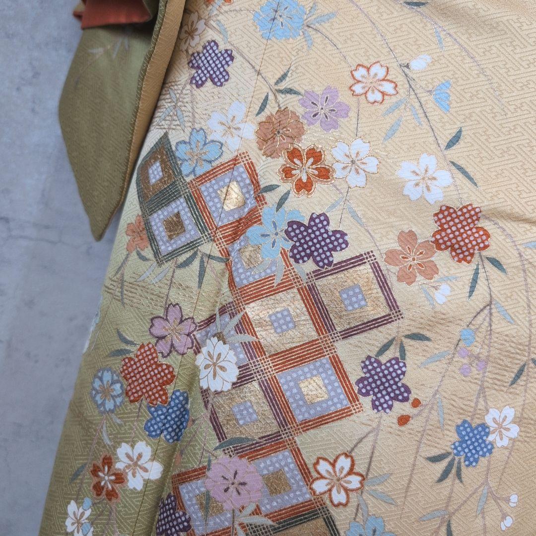 訪問着＋長襦袢　フルセット　着物　正絹　黄金色　比翼仕立て　花　金駒刺繍　O8