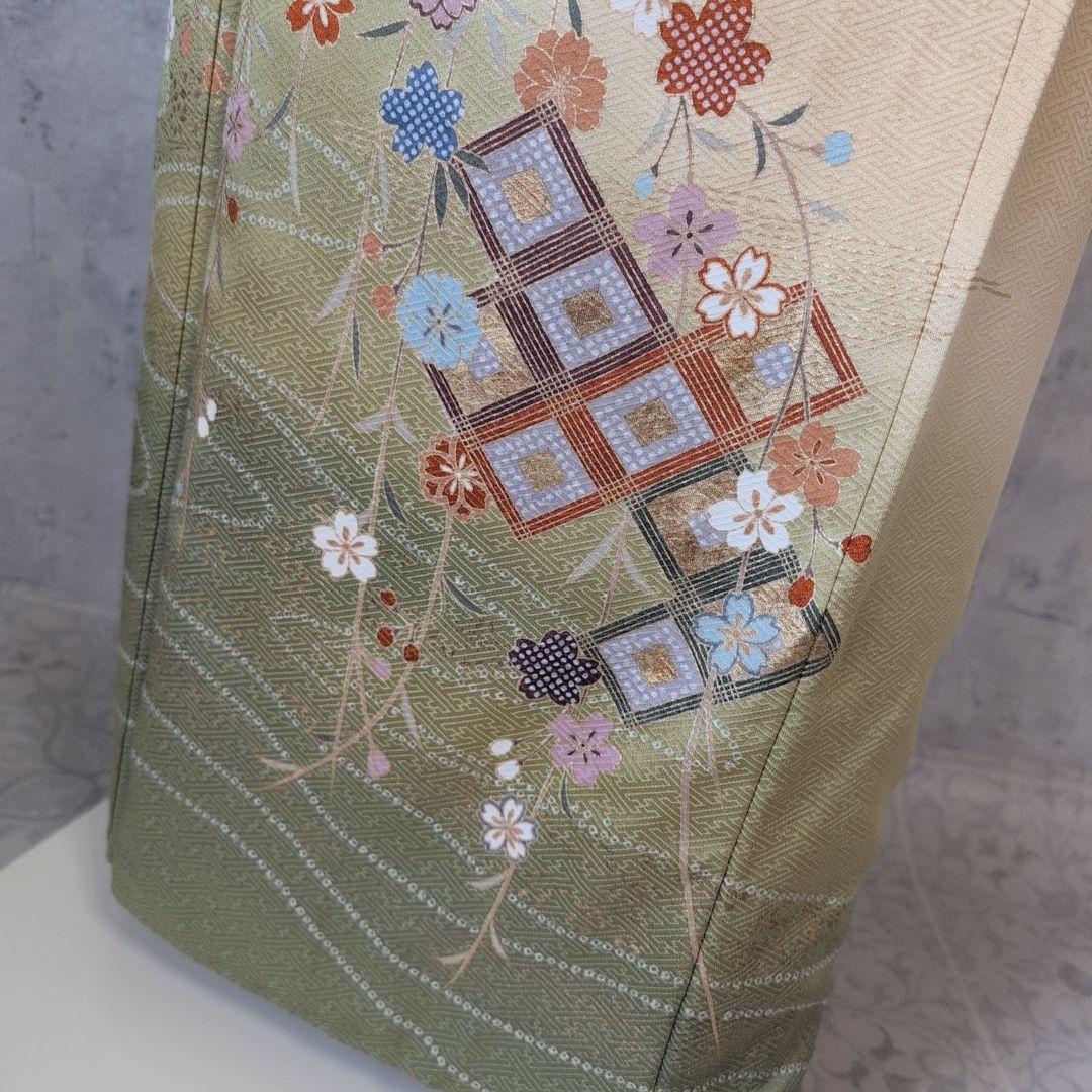 訪問着＋長襦袢　フルセット　着物　正絹　黄金色　比翼仕立て　花　金駒刺繍　O8