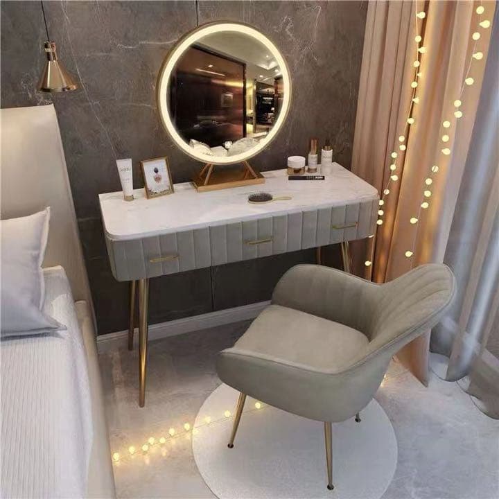 オシャレドレッサー　大理石柄×ベロア生地コスメデスク100cm3段調整可