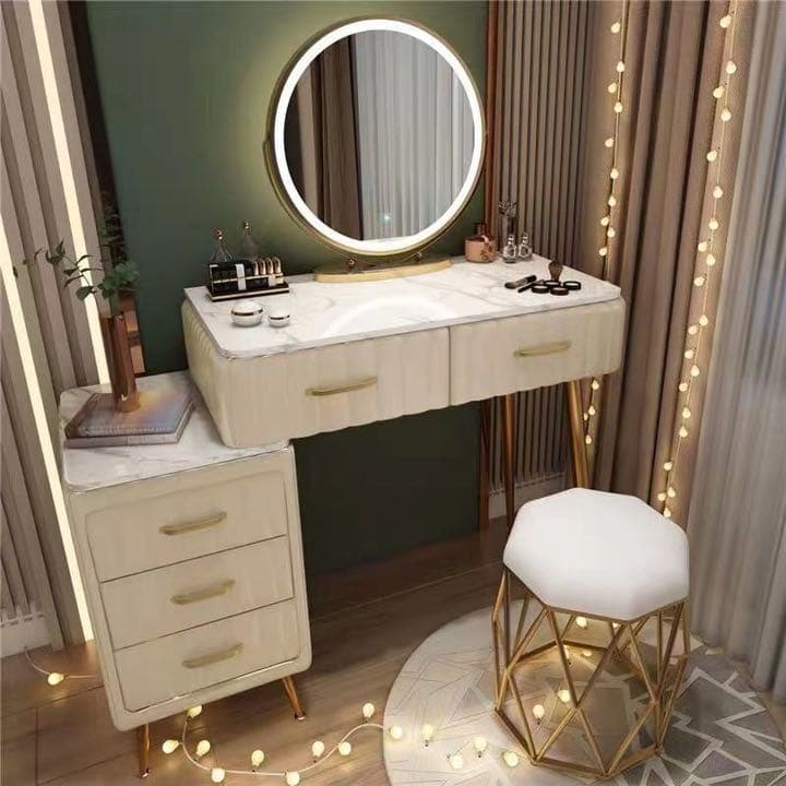 オシャレドレッサー　大理石柄×ベロア生地コスメデスク100cm3段調整可