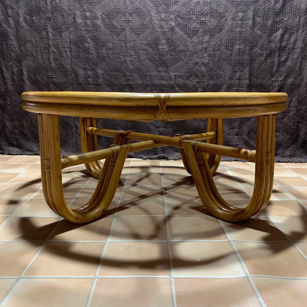 【美品】ラタン 籐 ガラステーブル アジアン 籐 円卓 ヴィンテージ レトロ