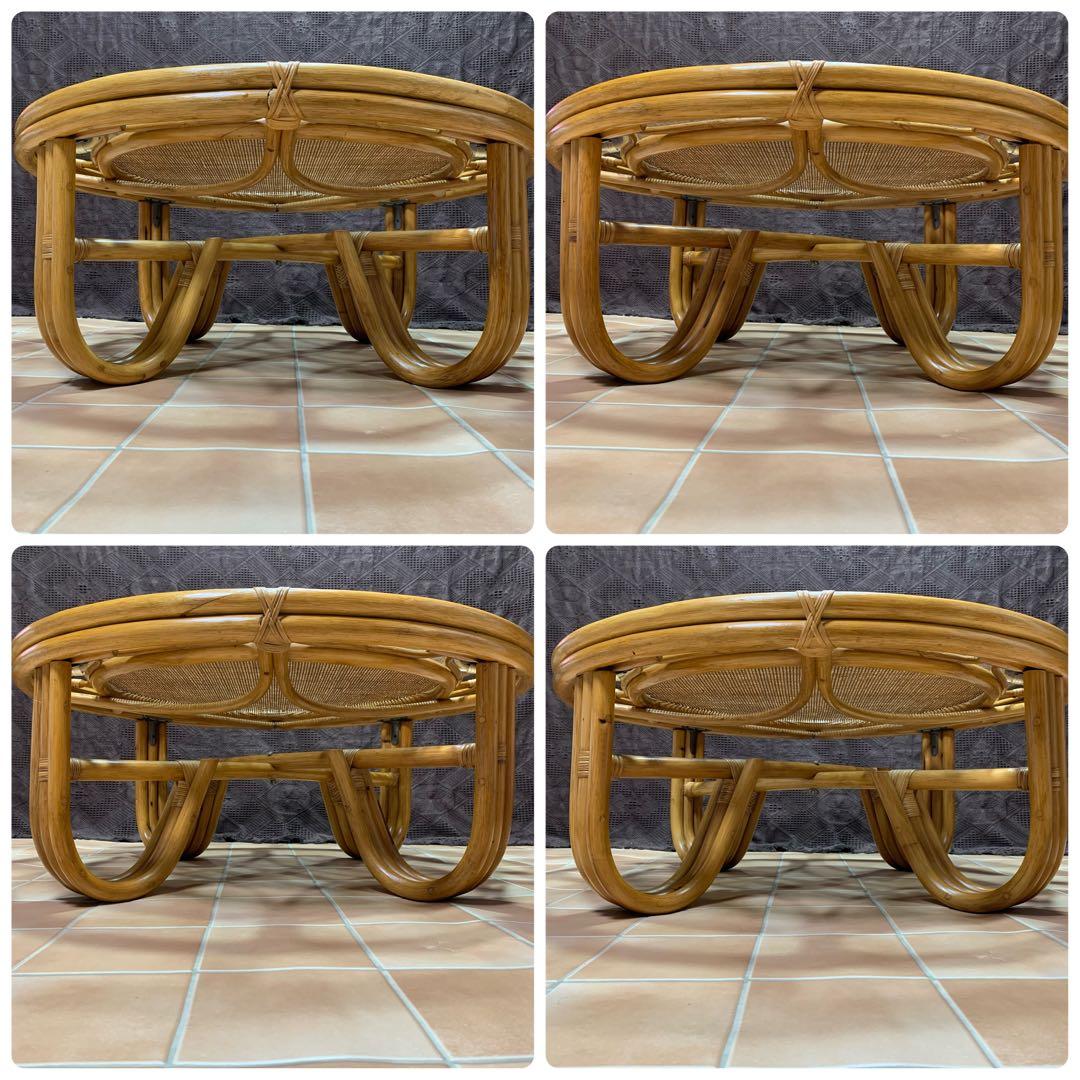 【美品】ラタン 籐 ガラステーブル アジアン 籐 円卓 ヴィンテージ レトロ