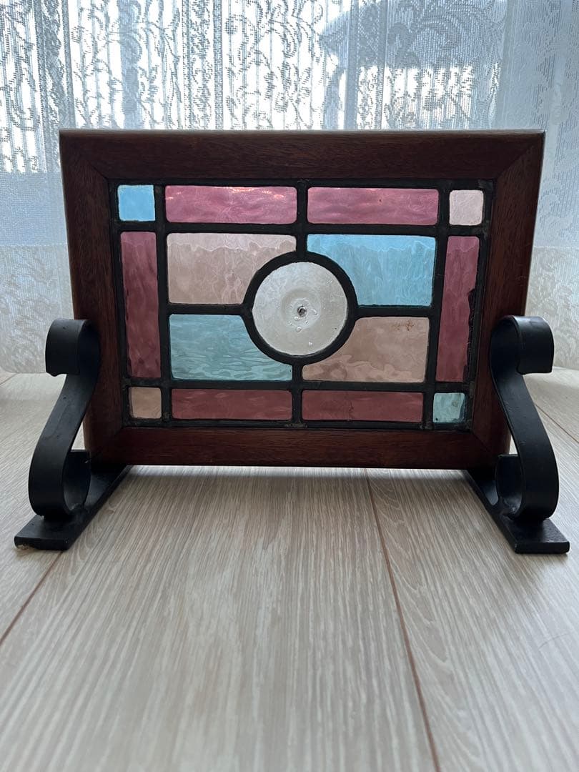 英国アンティーク　ステンドグラスパネル　ヴィクトリアン　木枠仕上げ