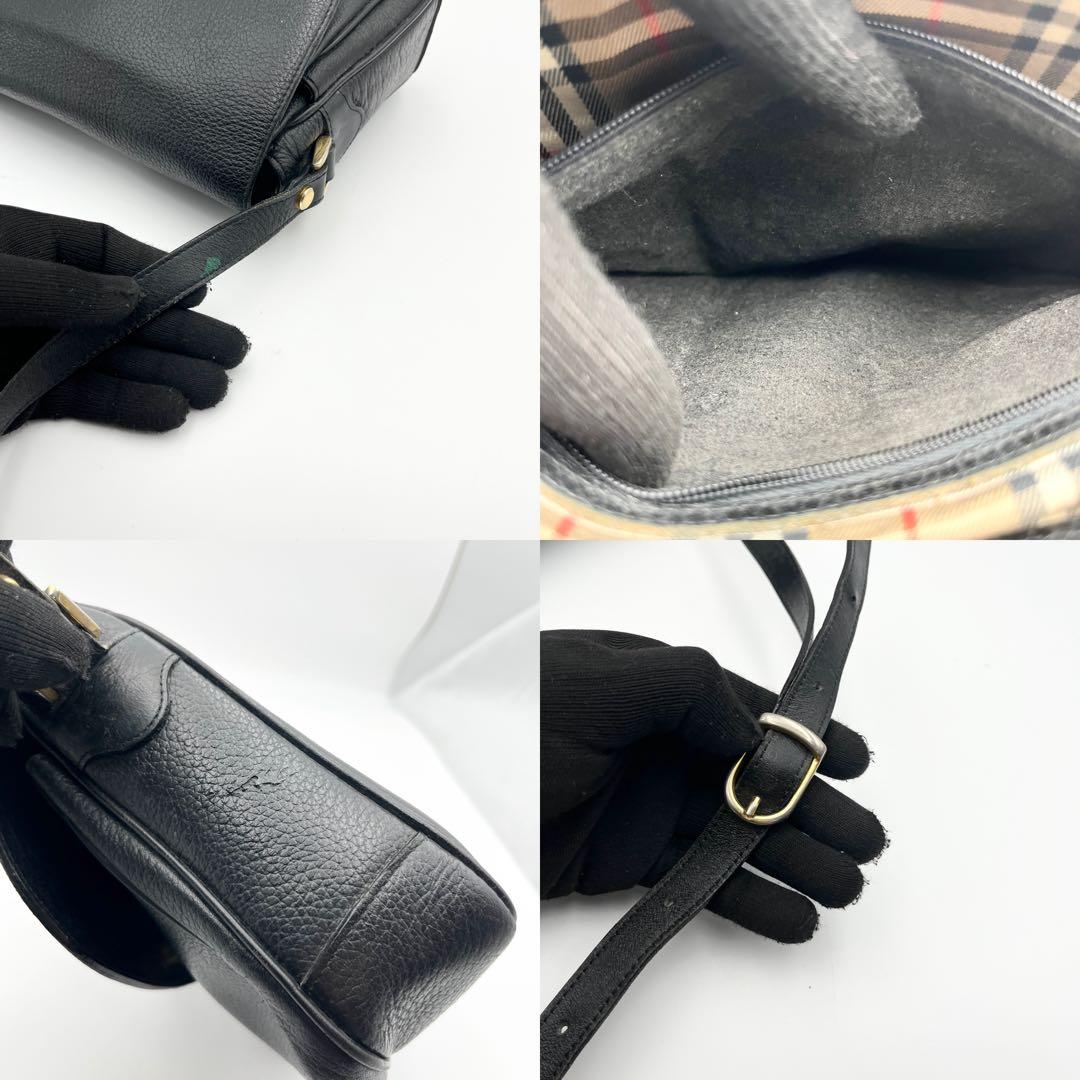 希少✨ バーバリー ショルダーバッグ フラップ ノバチェック レザー 黒 シボ革