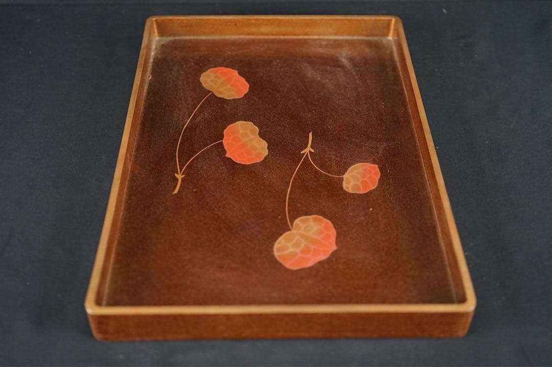 江戸後期 時代 総梨地 朱金 蓮蒔絵 硯蓋 共箱 木製漆器 書道具 古美術