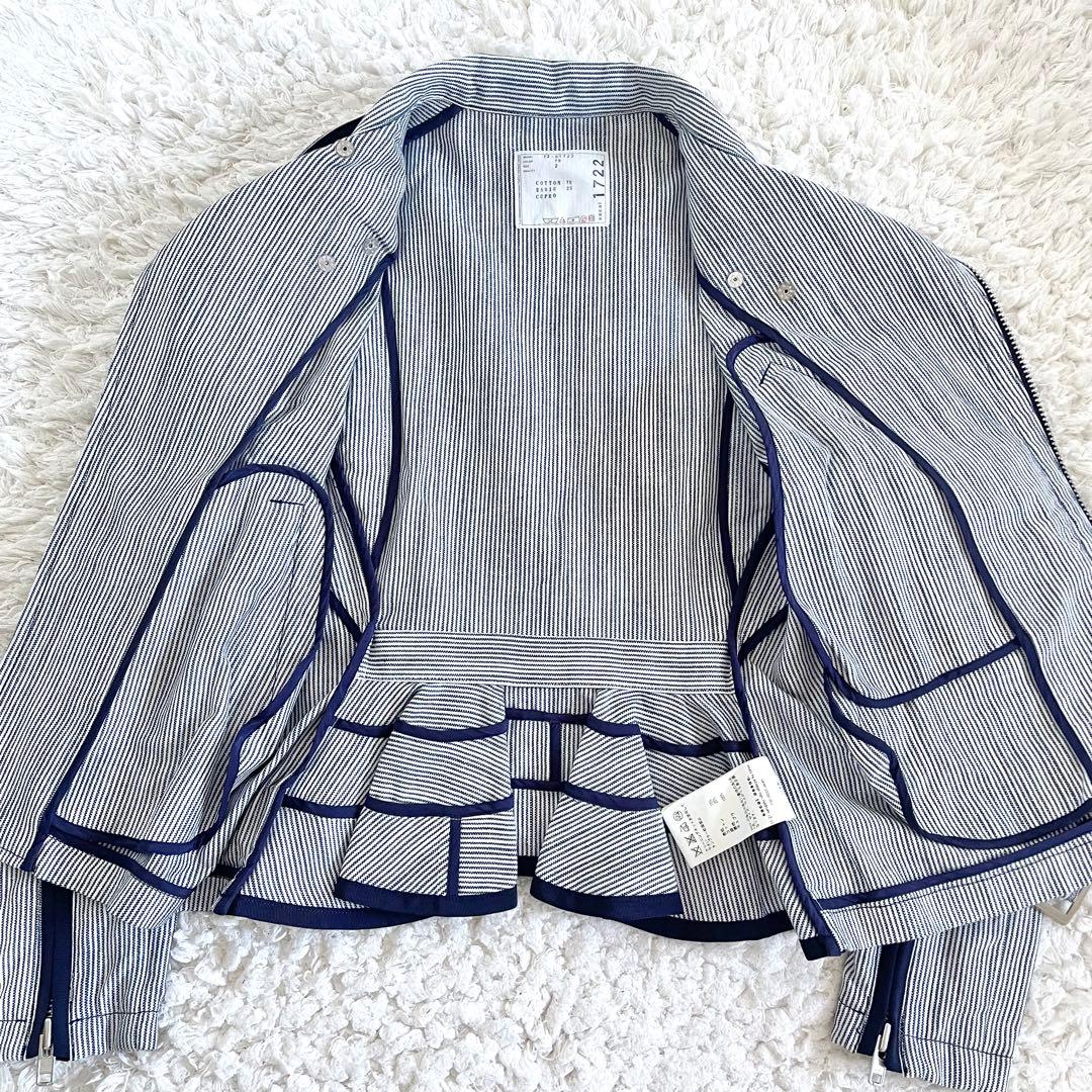 M*n様 美品　サカイ　sacai ストライプ柄　紺　白￼ライダースジャケット