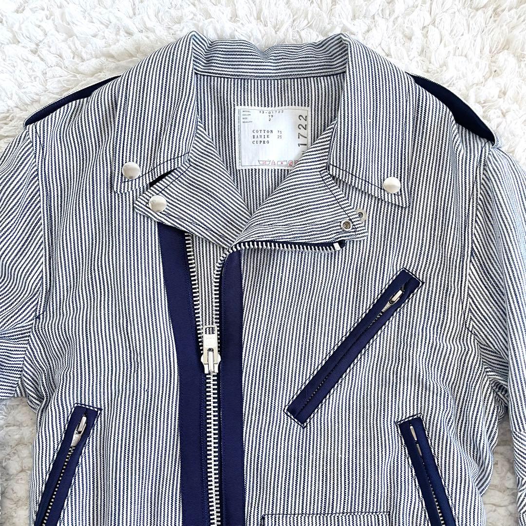 M*n様 美品　サカイ　sacai ストライプ柄　紺　白￼ライダースジャケット