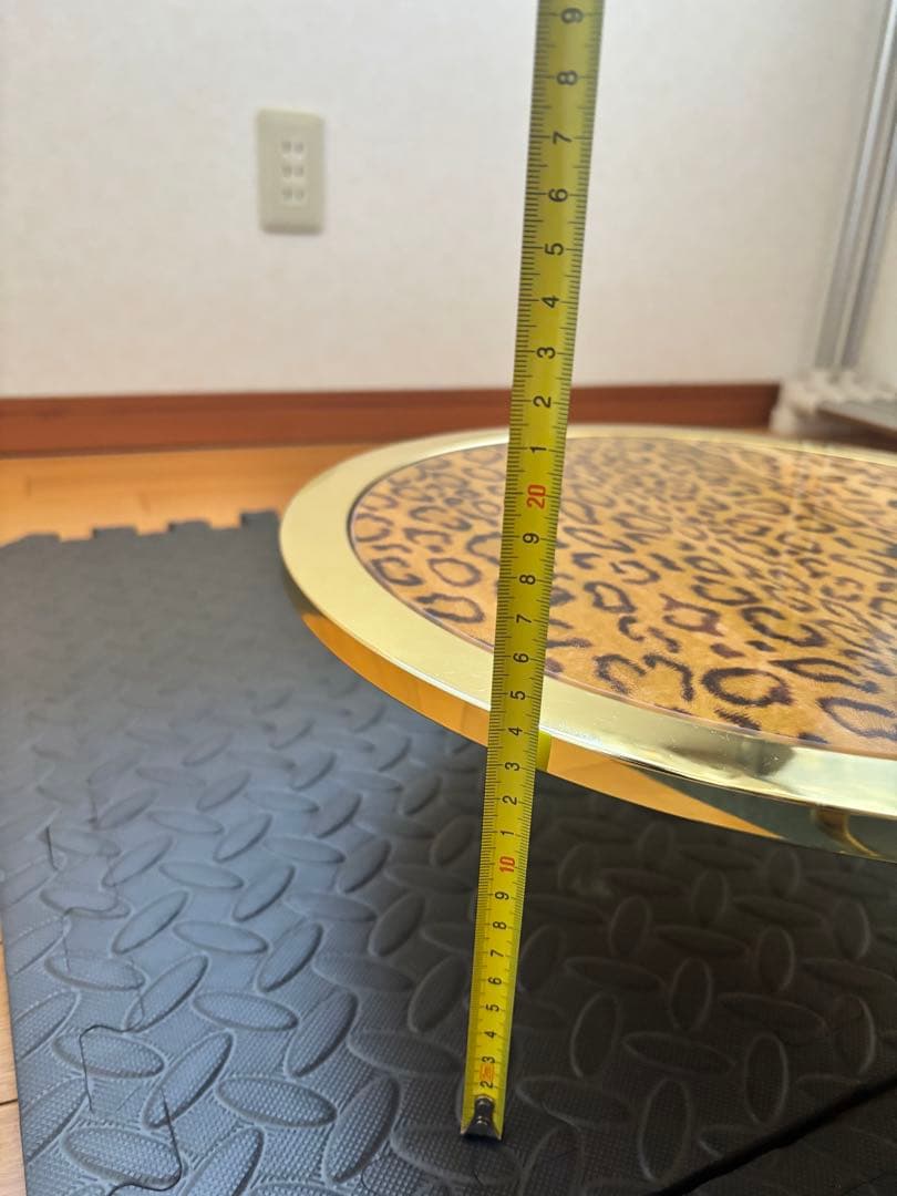 円形スライドテーブル　サイドテーブル　豹柄　ガラステーブル　ラウンドテーブル