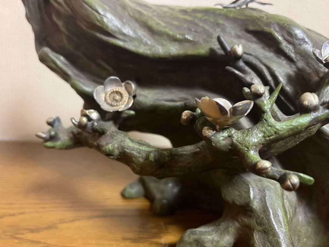 明治期ヴィンテージ　株木秀明作品　オブジェ　金工芸品　梅にうぐいす　骨董品　置物