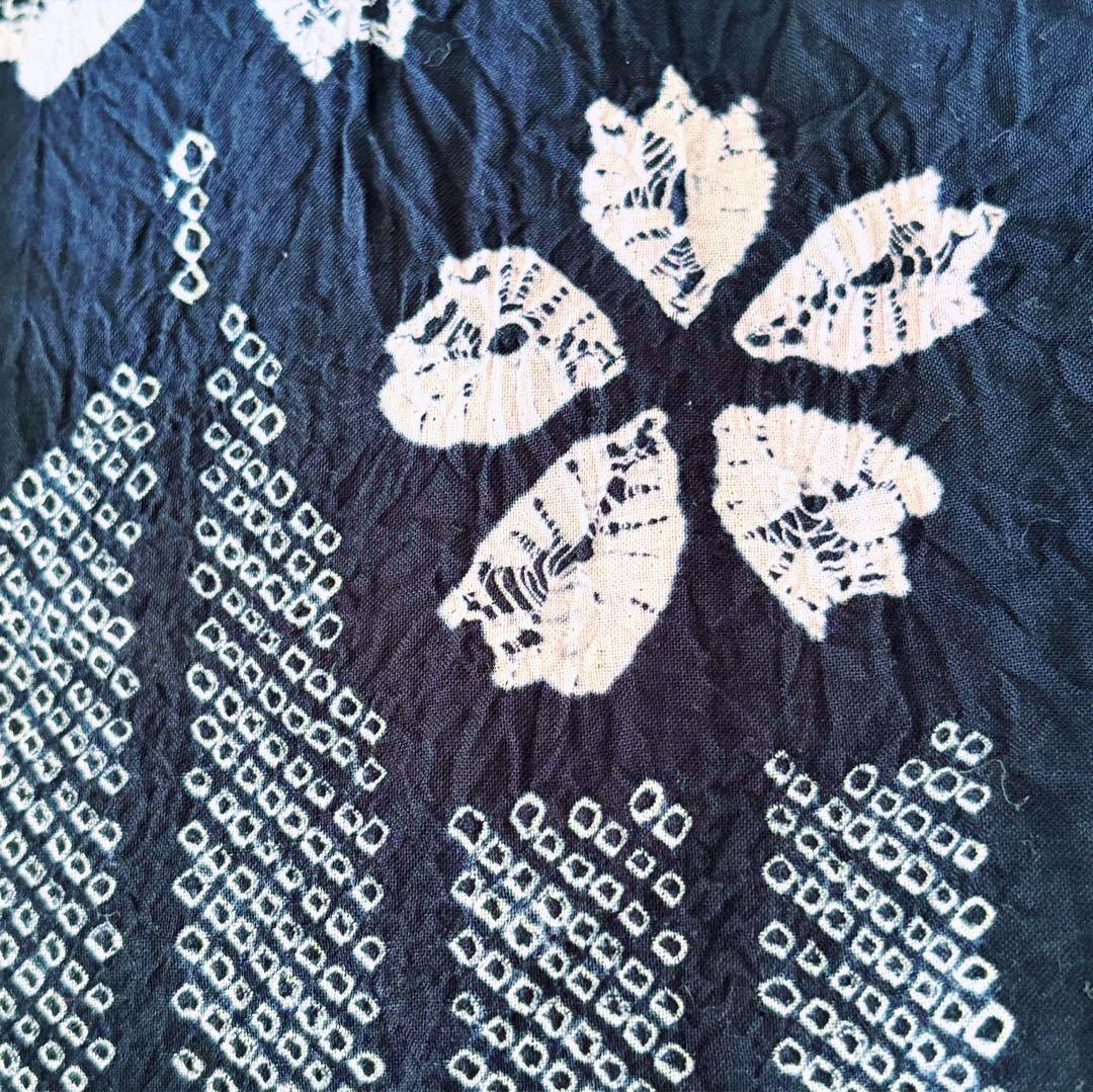 新品　しつけぬい付き　手縫　有松絞り　茄子紺色　桜　矢絣　綿　古典柄　浴衣単品
