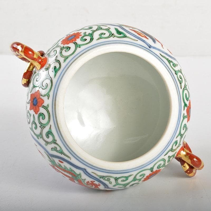 篩月庵　三浦竹泉造　赤絵金彩　花唐草龍文　双耳遊環香炉　共布共箱　J　R7438