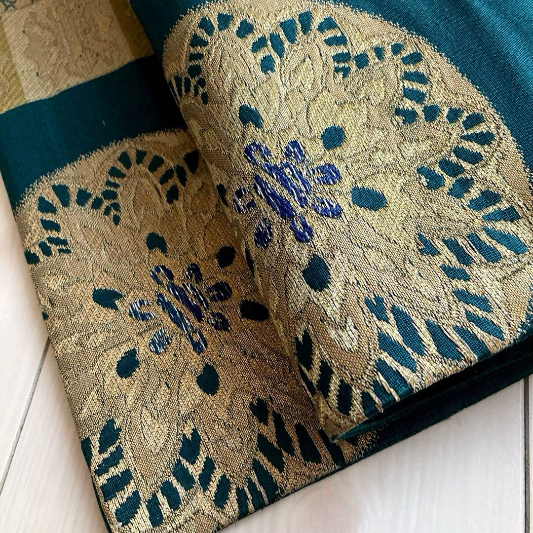 アンティーク名古屋帯　青緑　龍と花模様の織り出し　正絹　大正ロマン　N7-20