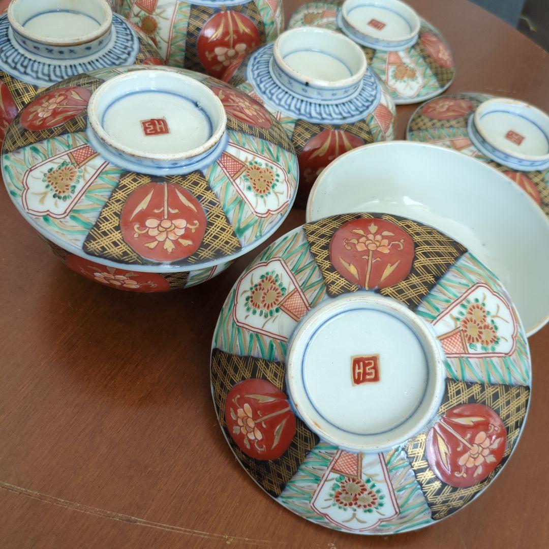 骨董　伊万里　蓋付き　お茶碗　碗　色絵　錦手　アンティーク　5つ〜