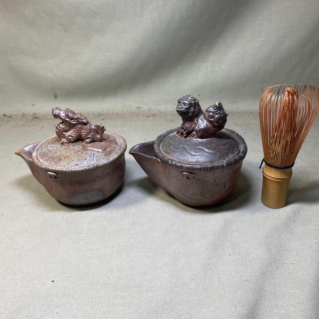 ト*ン様 備前焼　備前手造り龍宝瓶　獅子宝瓶 在銘 ２点セット 煎茶器 急須 煎