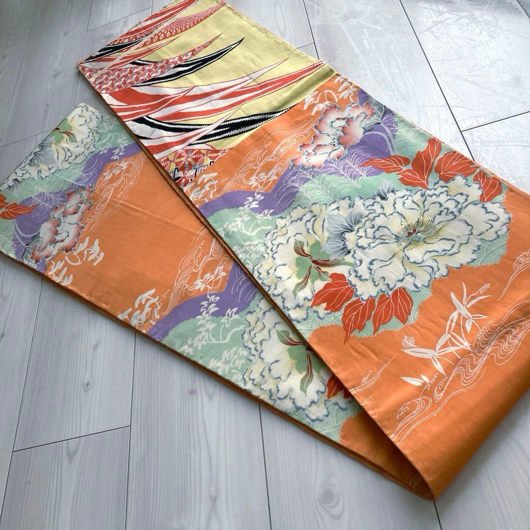 アンティーク京袋帯　しつけ糸付　刺繍の花模様　正絹　大正ロマン　N2-26