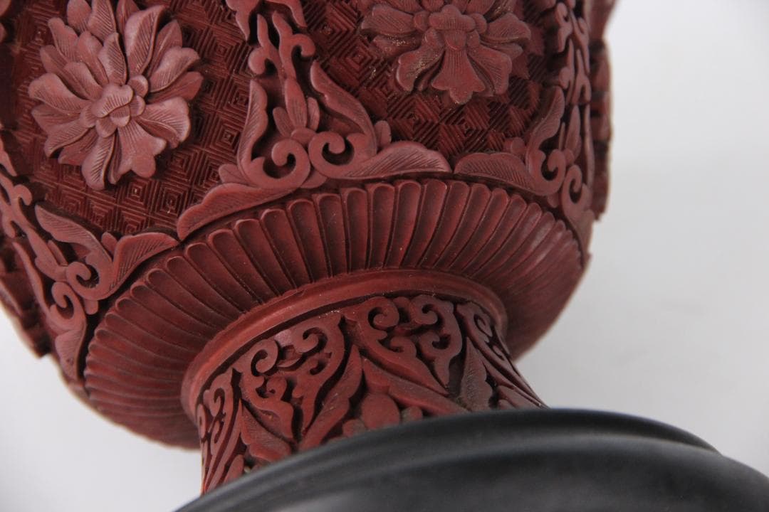 中国 清 希少 漆器 剔紅 堆朱 内七宝 唐木台付 置物 唐物 FJ21-9