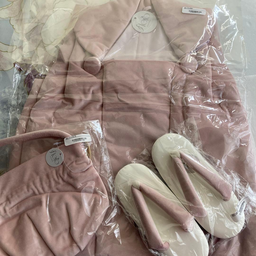 七五三 ３歳女の子 レース被布着物長襦袢草履バッグセットくすみカラー水色白ピンク