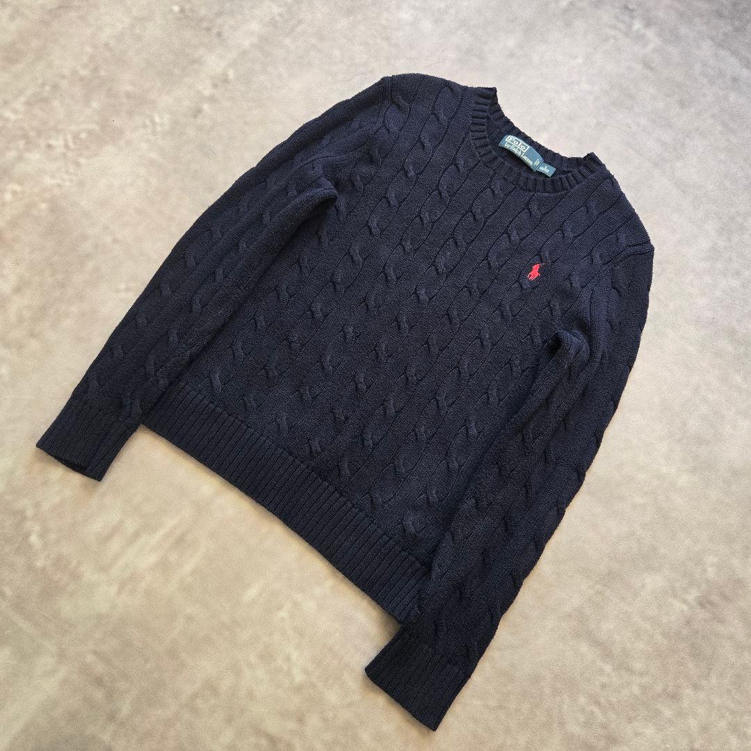 00sビンテージ ラルフローレン ロゴ刺繍 コットン ケーブルニット S 紺