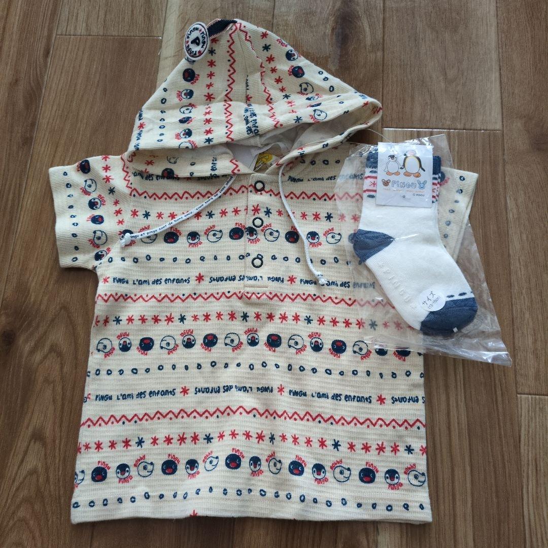 90サイズ　ピングー＆ピンガ ＆ロビフード付きシャツ・デニムカバーオール・靴下