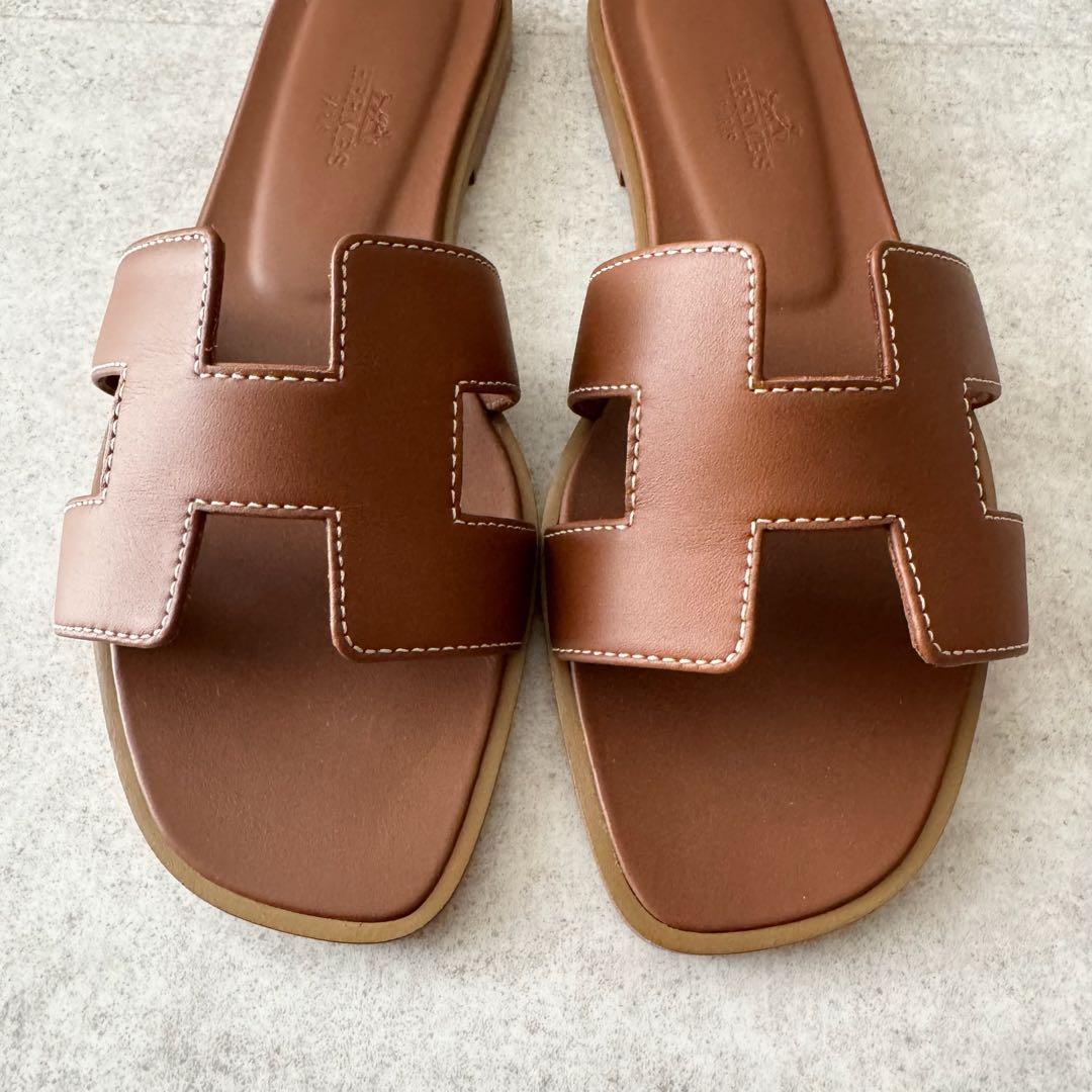 エルメス　オラン　サンダル　ロゴ　 ブラウン　茶色　34　レザー　極美品