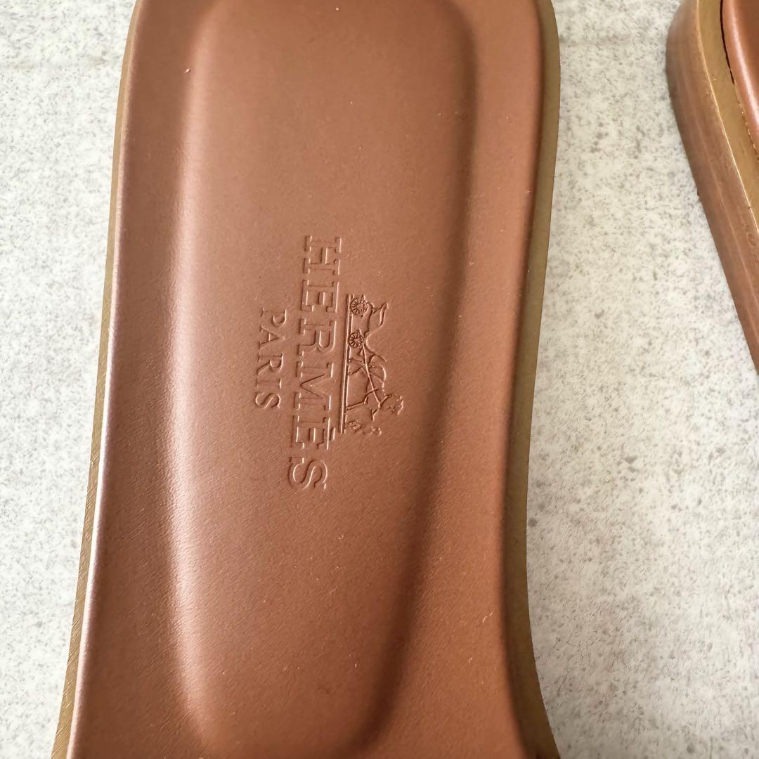 エルメス　オラン　サンダル　ロゴ　 ブラウン　茶色　34　レザー　極美品