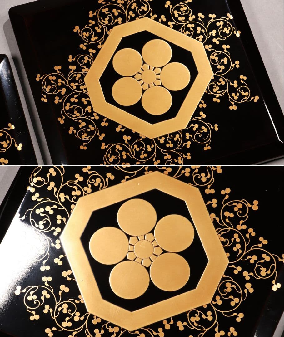 M486 輪島塗 八重門彦助 梅鉢家紋 蔦 宝尽くし金蒔絵 黒塗五段重 梨子地