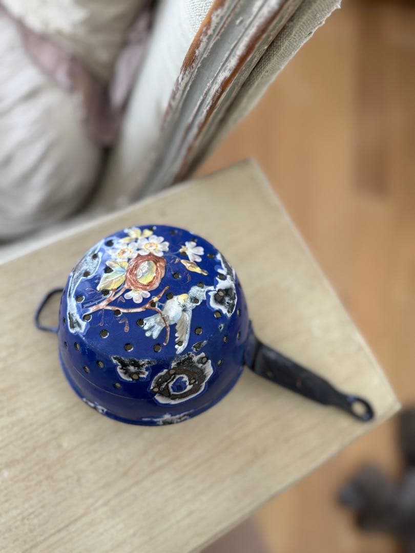 フランスアンティーク激レア小鳥の絵柄ハンドペイントのホーロースキマーと片手鍋