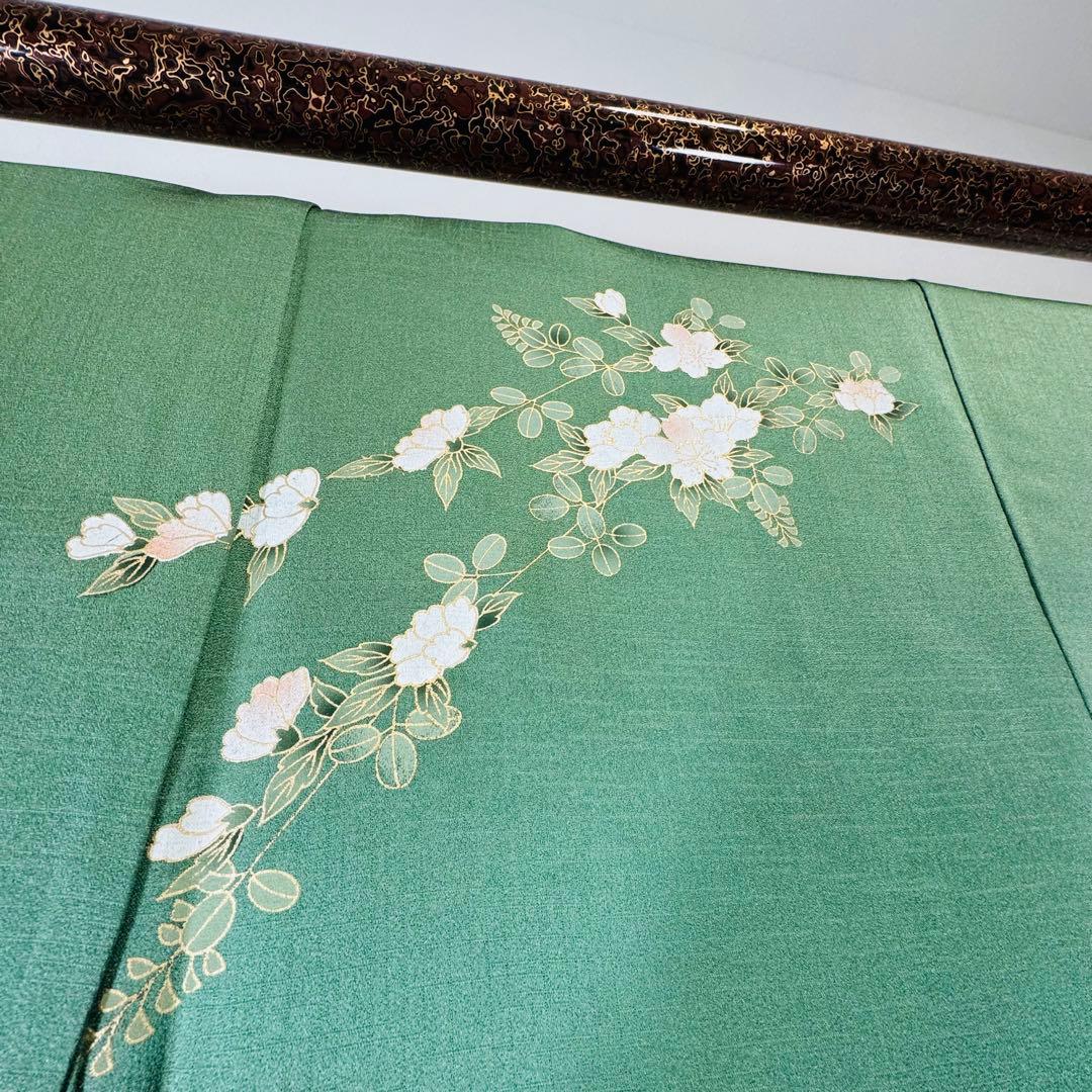 超美品　正絹　袷　現代　広襟　訪問着　着物　紋無し　161㎝　緑　光沢　金彩