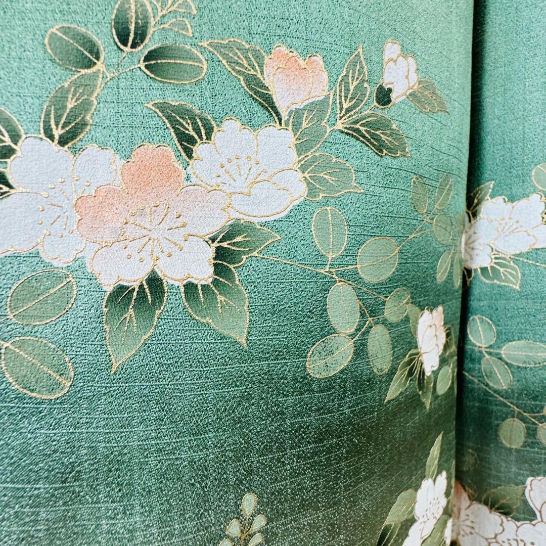 超美品　正絹　袷　現代　広襟　訪問着　着物　紋無し　161㎝　緑　光沢　金彩