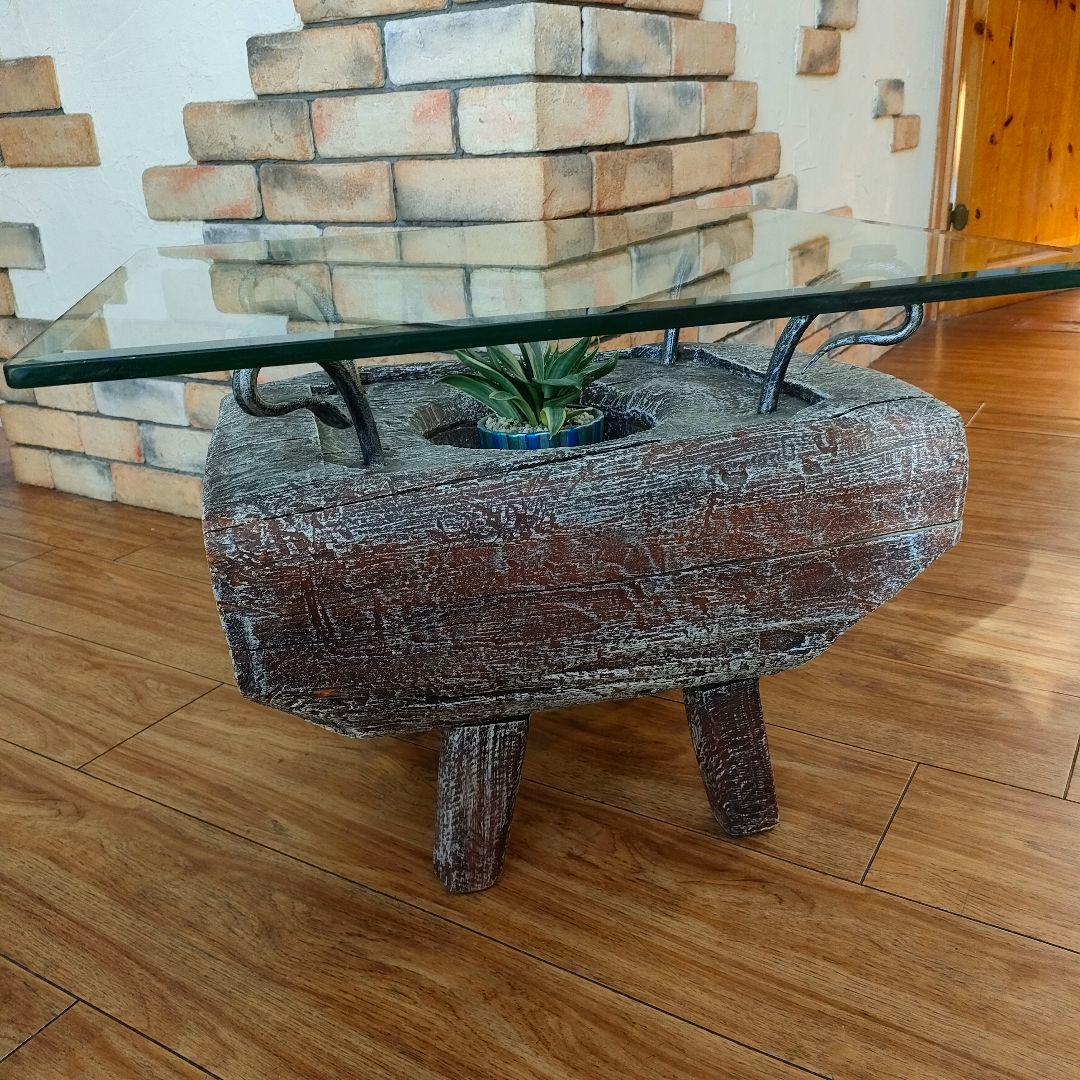 KAJA 古木 ガラス天板 ローテーブル アジアン リゾート モダンインテリア