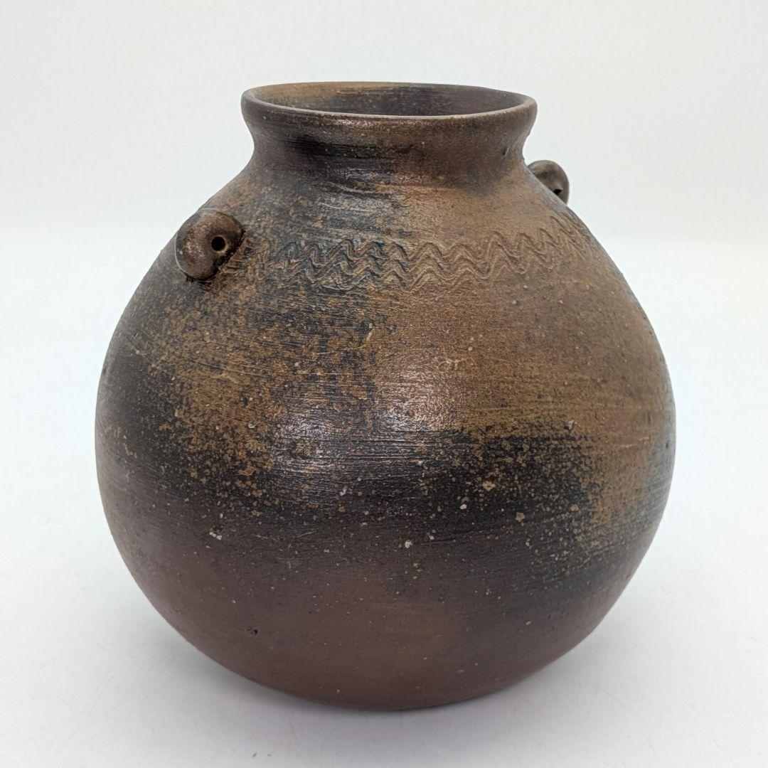 岡山県重要無形文化財 伊勢崎満 備前焼 耳付扁壺花生 共箱 花器 フラワーベース