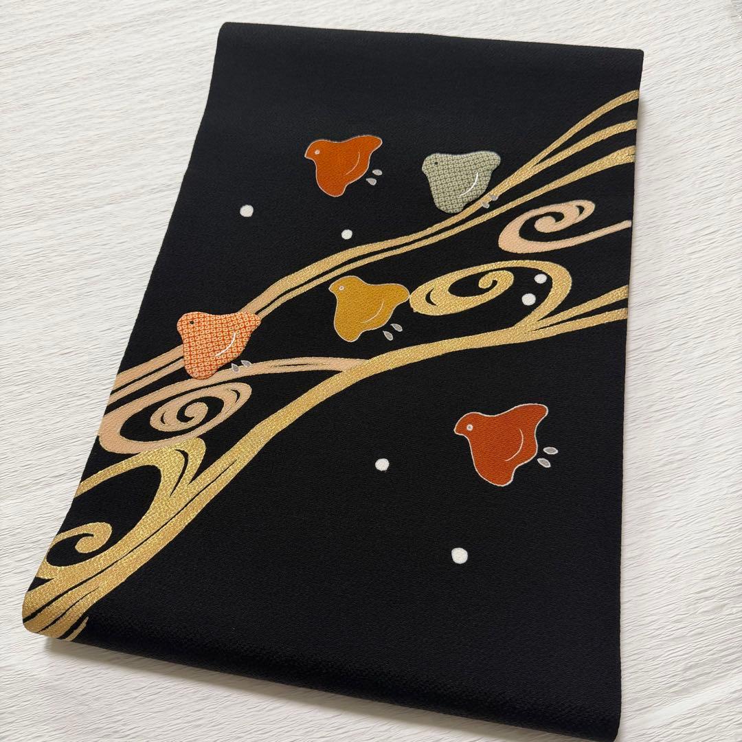 m118 ホリヒロシ 千鳥 流水　名古屋帯 縮緬 名古屋帯 正絹 黒地