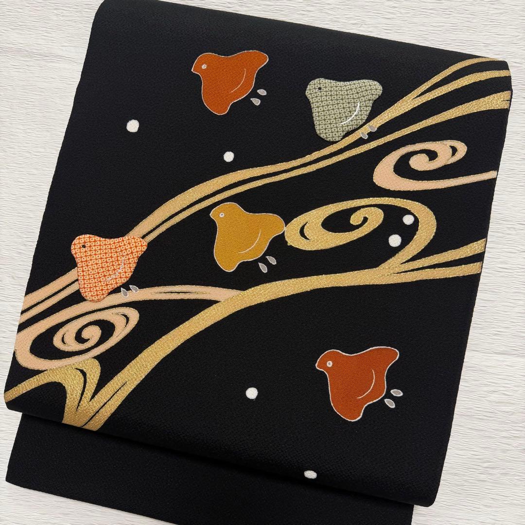 m118 ホリヒロシ 千鳥 流水　名古屋帯 縮緬 名古屋帯 正絹 黒地