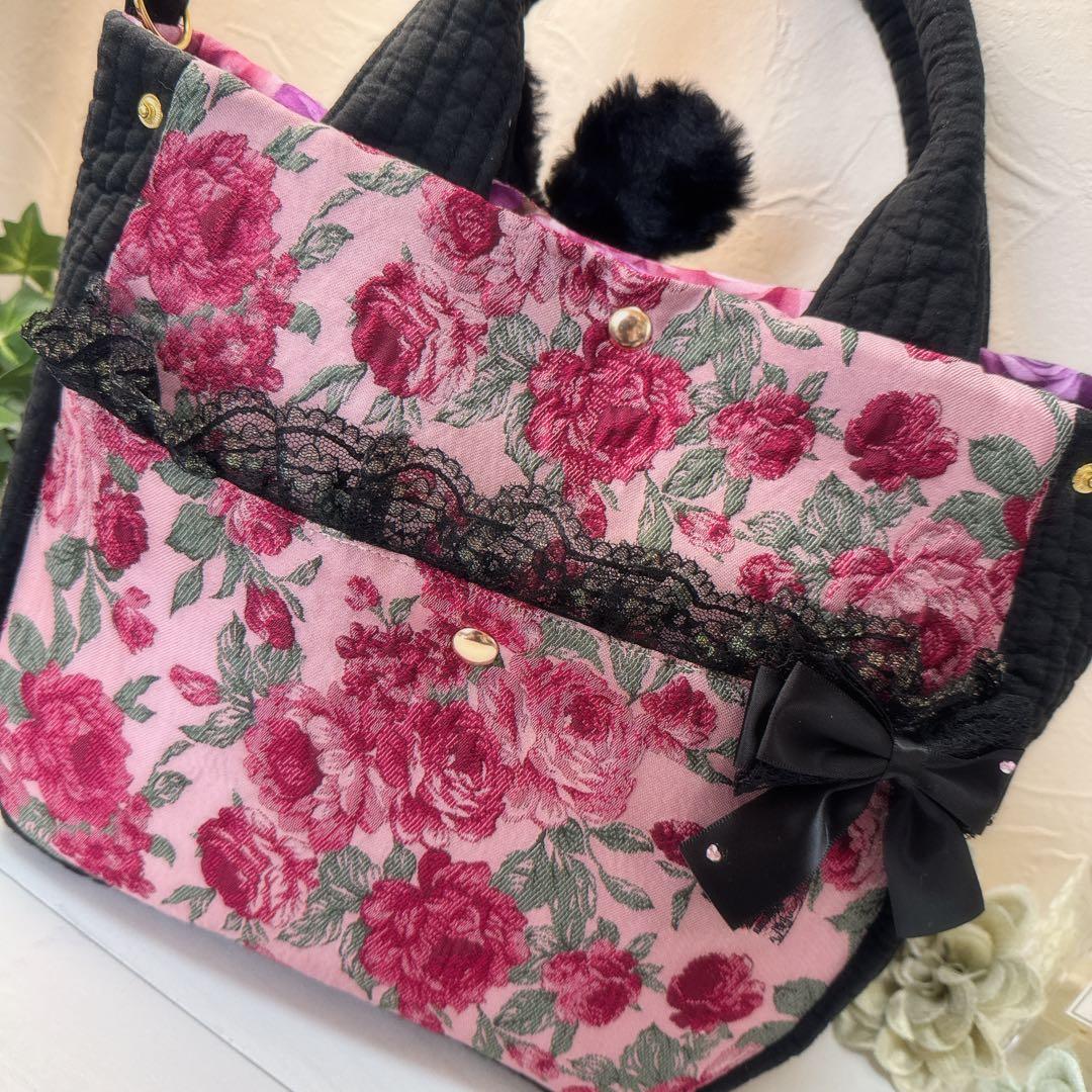 ゆ*ら様 コヤンイサムチョン♡ハチワレにゃんこの薔薇×ヌビポケット付きトートバッ