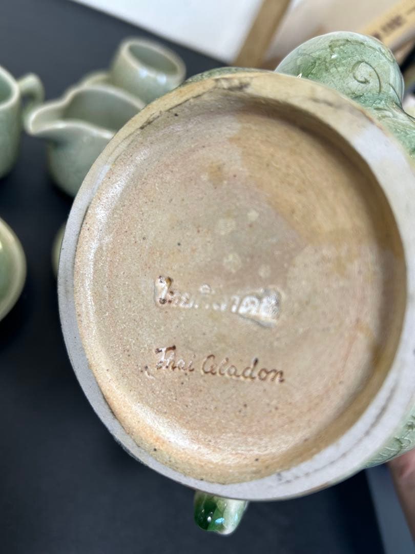 未使用保管品青磁タイセラドン焼きセット　旧家蔵出し、掘出し物、お茶、コーヒー