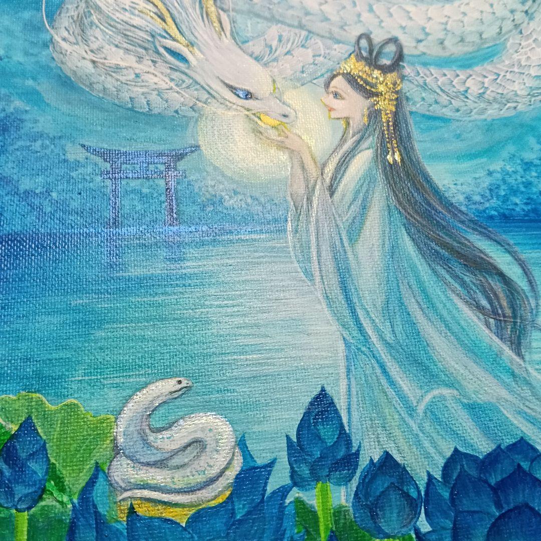 No.517 F3キャンバス　アクリル画　弁財天　弁天様　白龍　白蛇　開運絵画