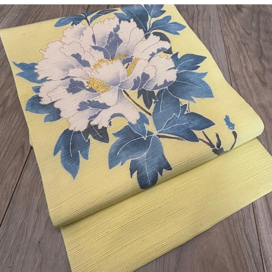 未使用　正絹　現代　名古屋帯　着物　和装　レモンイエロー　薄黄色　牡丹　364