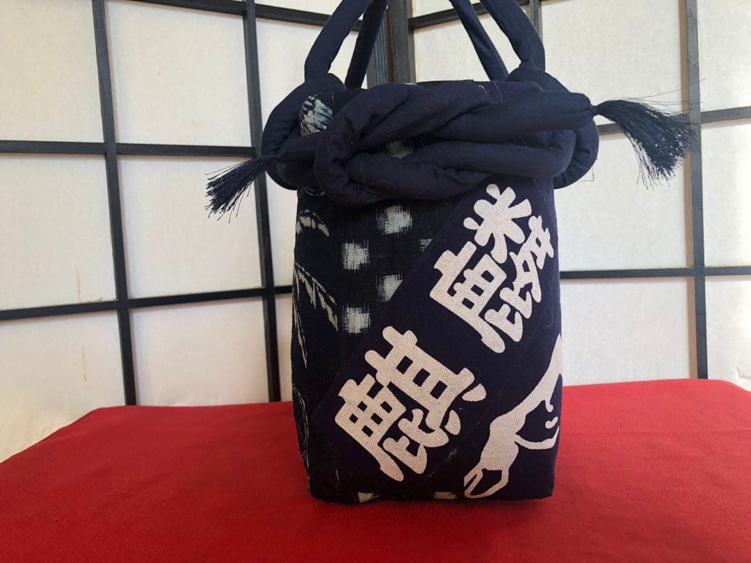 一閑張り　一閑張りバック　藍染 　麒麟麦酒　型染隠れ蓑