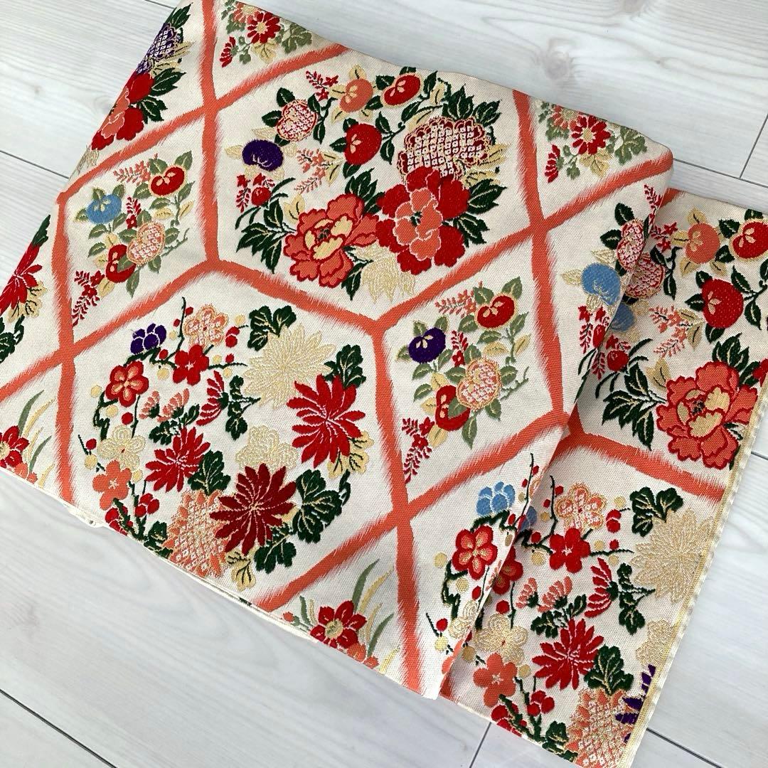 アンティーク名古屋帯　織り出し花模様　アイボリー　正絹　大正ロマンNo.28