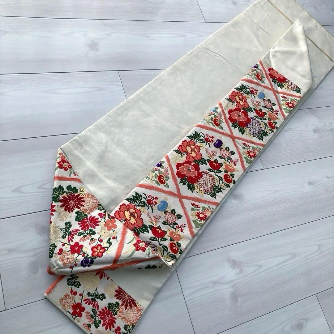 アンティーク名古屋帯　織り出し花模様　アイボリー　正絹　大正ロマンNo.28