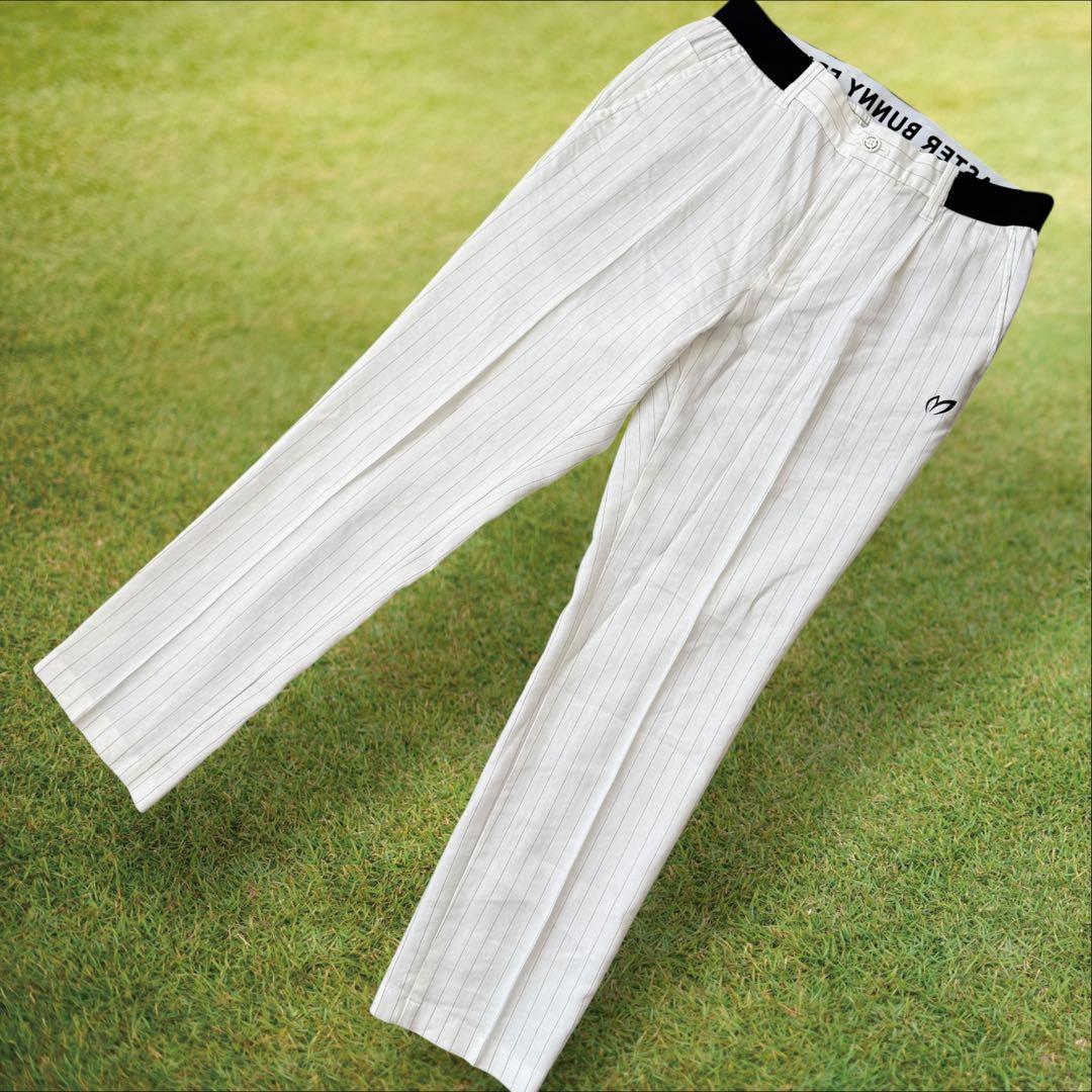 リネン素材　マスターバニー　パンツ　L〜XL相当 白　黒　ストライプ　タック入